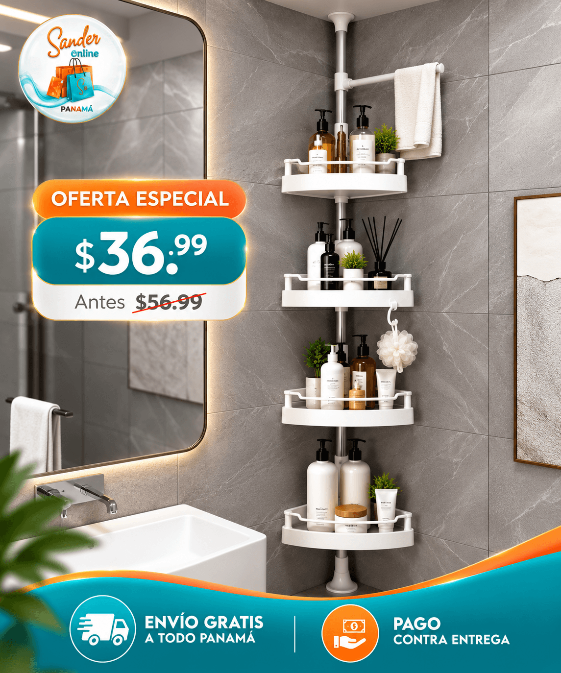 ✨PREMIUM™ ORGANIZADOR ESQUINERO DE BAÑO🔥 🛁Convierte una esquina vacía en 4 niveles de espacio y orden.